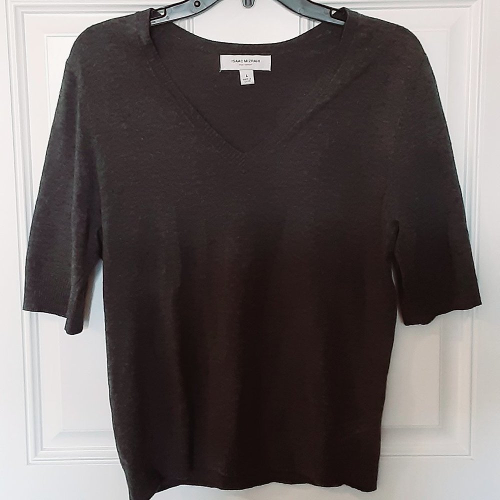 ISAAC MIZRAHI Charcoal Gray V-Neck Elbow Sleeve Sweater Large